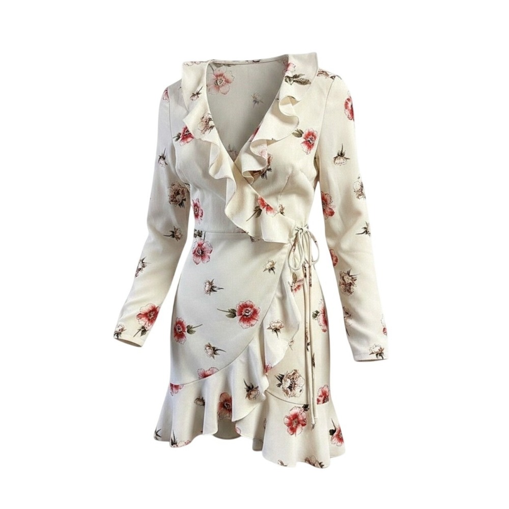 Free People Floral Ruffle Wrap Mini Dress XS Cream Red Long Sleeve